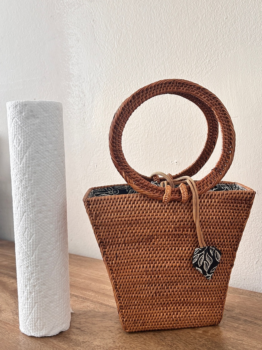 Woven Rattan Handle Tote Bag in Brown